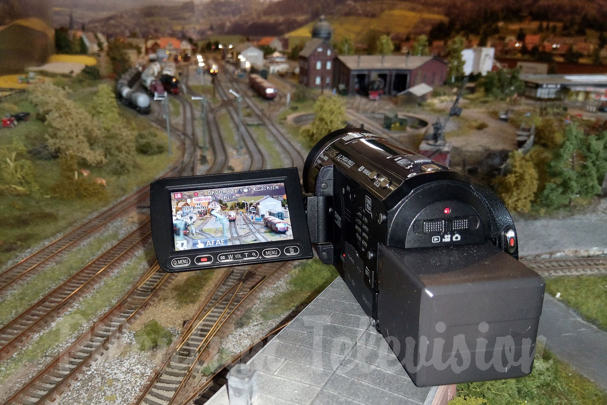 Panasonic camcorder on a model railroad layout