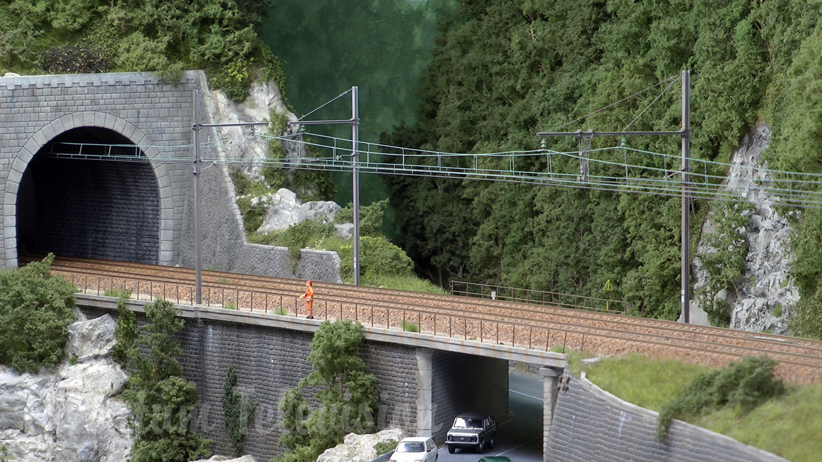 One of the nearly realistic French model railway layouts - HO scale model trains of SNCF in France
